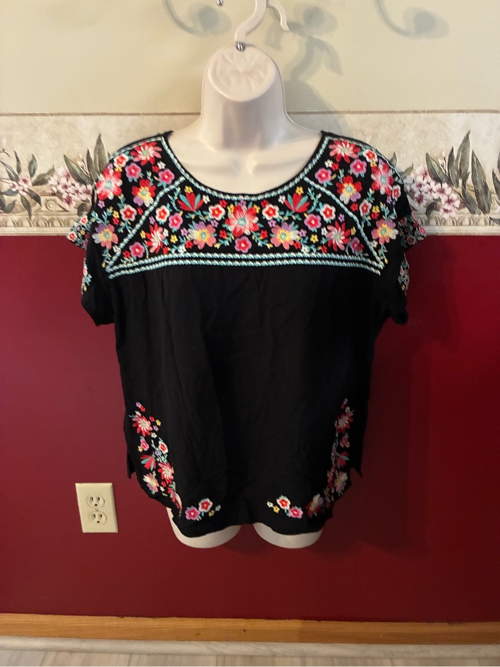 Embroidered Floral Black Women's Top